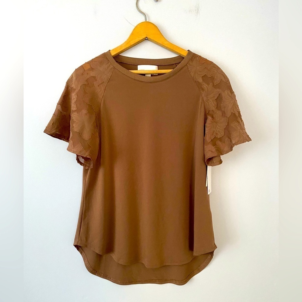 NWT Nordstrom Rack Womens Size Small Brown Taupe Short Sleeve Top Lace Sleeve